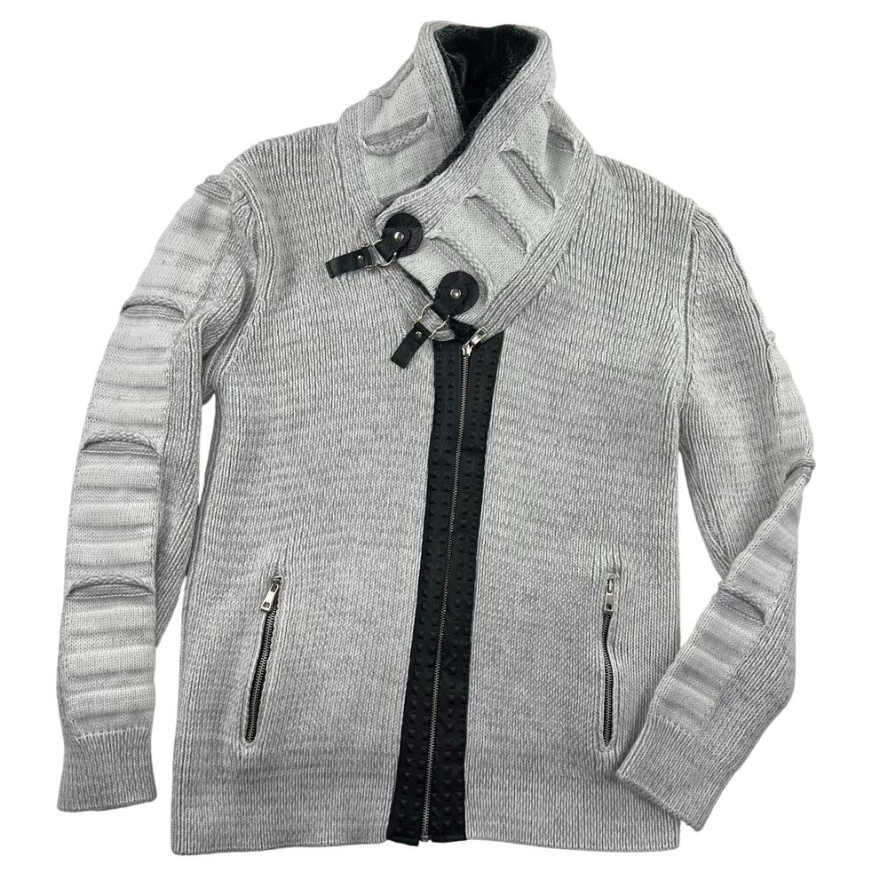 Laccos Fashion Gray Ribbed Zip Up Sweater Men's size XL Faux Fur Wool Blend